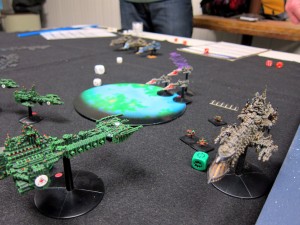 The fleets begin to mix it up!  Note the Thunderhawks delivering all manner of lethal assaults unto the renegades!